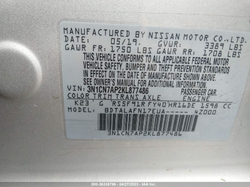 2019 NISSAN VERSA SEDAN S - 3N1CN7AP2KL877486