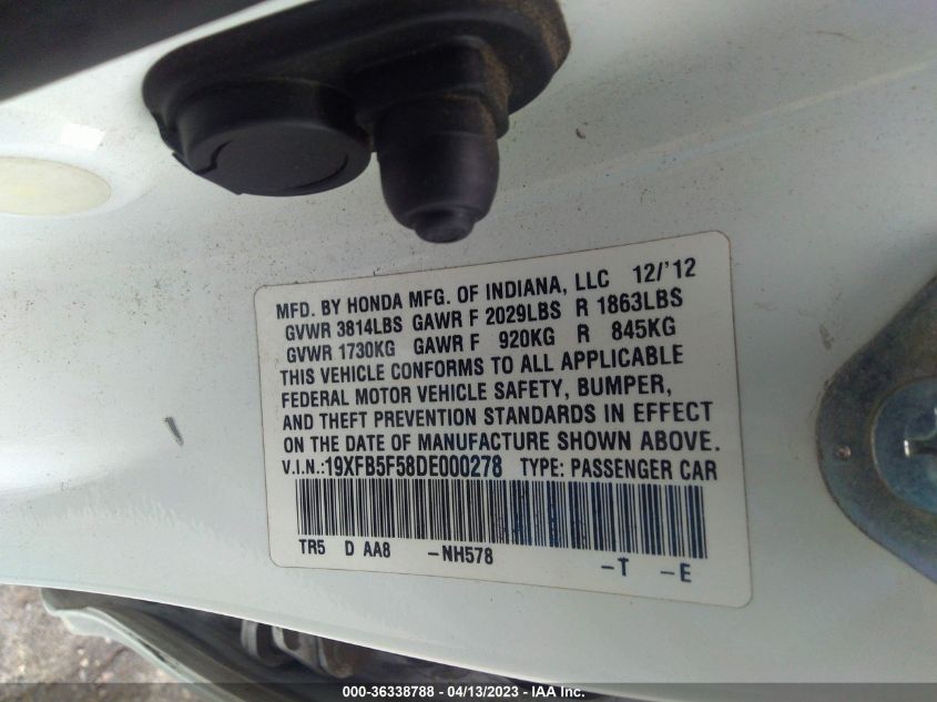2013 HONDA CIVIC SDN CNG - 19XFB5F58DE000278