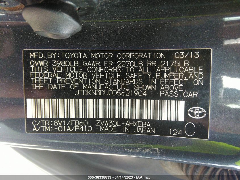 2013 TOYOTA PRIUS ONE/TWO/THREE/FOUR/FIVE - JTDKN3DU0D5621904