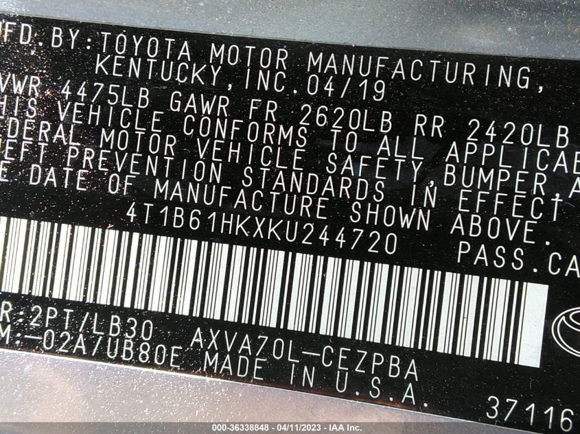 2019 TOYOTA CAMRY XSE - 4T1B61HKXKU244720