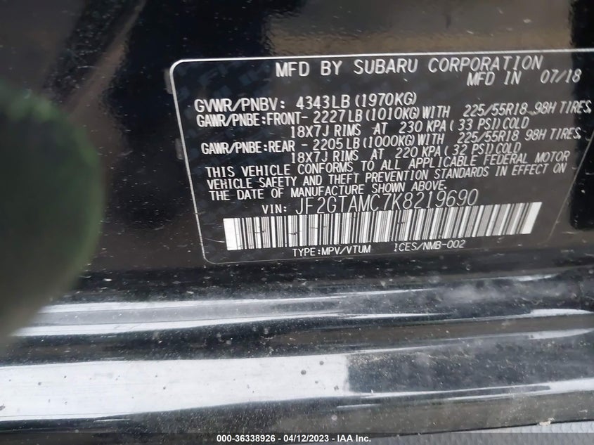VIN JF2GTAMC7K8219690 2019 SUBARU CROSSTREK LIMITED