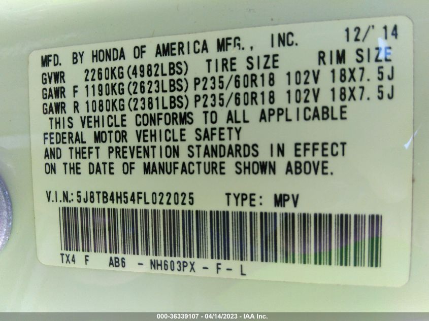 2015 ACURA RDX TECH PKG - 5J8TB4H54FL022025