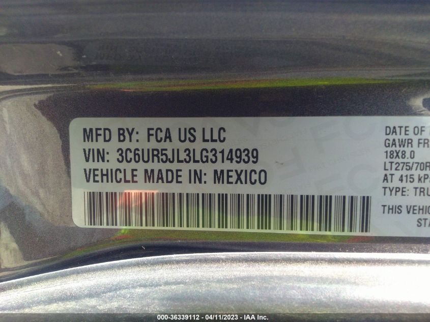 2020 RAM 2500 BIG HORN - 3C6UR5JL3LG314939