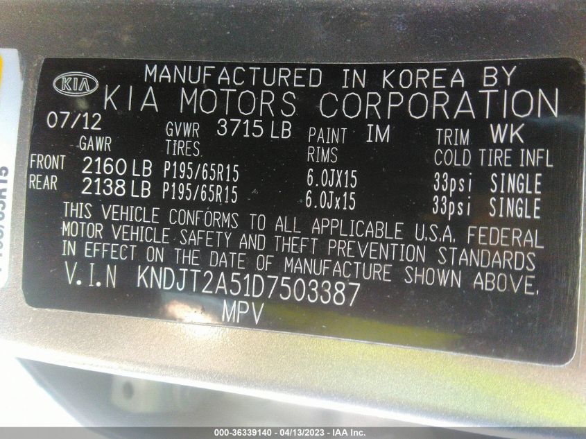 2013 KIA SOUL BASE - KNDJT2A51D7503387