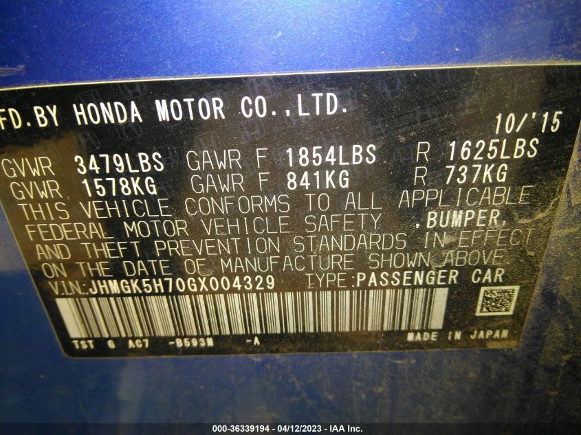 2016 HONDA FIT EX - JHMGK5H70GX004329