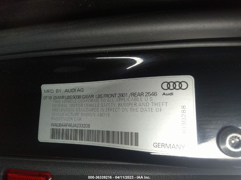 2018 AUDI S4 PREMIUM PLUS WAUB4AF46JA233208