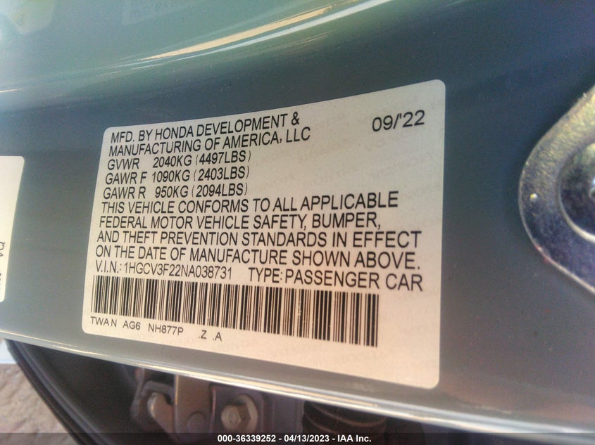 VIN 1HGCV3F22NA038731 2022 HONDA ACCORD HYBRID SPORT