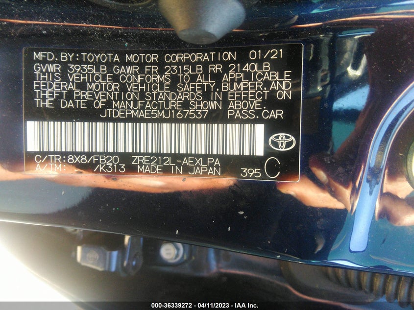 VIN JTDEPMAE5MJ167537 2021 TOYOTA COROLLA LE