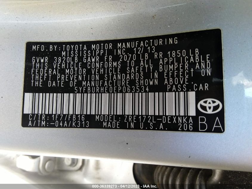2014 TOYOTA COROLLA L/LE/S/S PLUS/LE PLUS - 5YFBURHE0EP063534