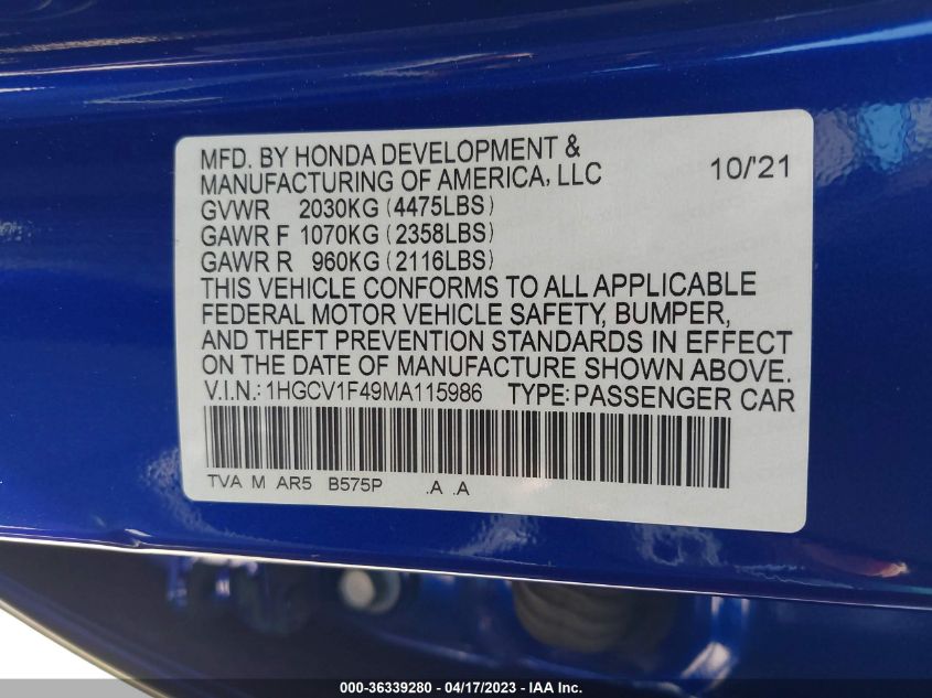 2021 HONDA ACCORD SEDAN SPORT SE - 1HGCV1F49MAS11598