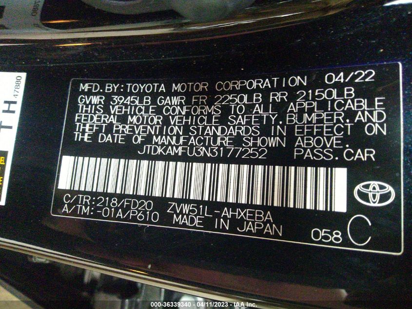 2022 TOYOTA PRIUS L - JTDKAMFU3N3177252