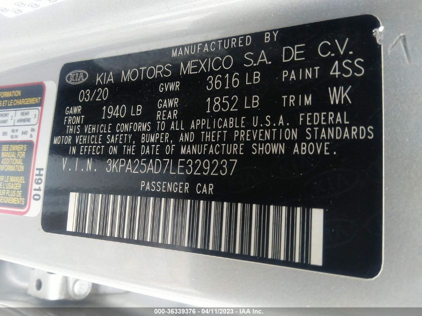 2020 KIA RIO 5-DOOR S 3KPA25AD7LE329237
