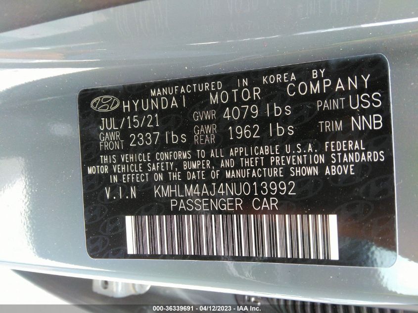 2022 HYUNDAI ELANTRA HYBRID BLUE KMHLM4AJ4NU013992
