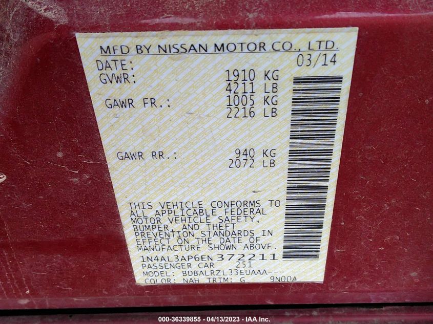 2014 NISSAN ALTIMA 2.5 S - 1N4AL3AP6EN372211