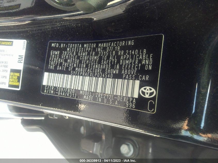 2020 TOYOTA COROLLA LE - 5YFEPRAEXLP034540