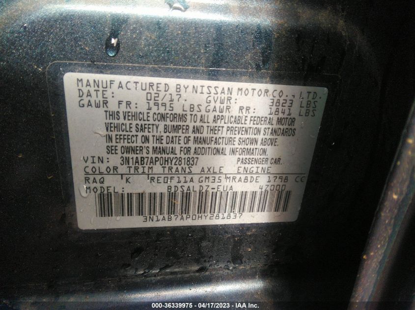 2017 NISSAN SENTRA SV - 3N1AB7AP0HY281837