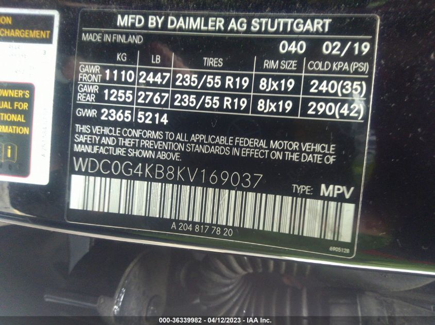 2019 MERCEDES-BENZ GLC GLC 300 - WDC0G4KB8KV169037