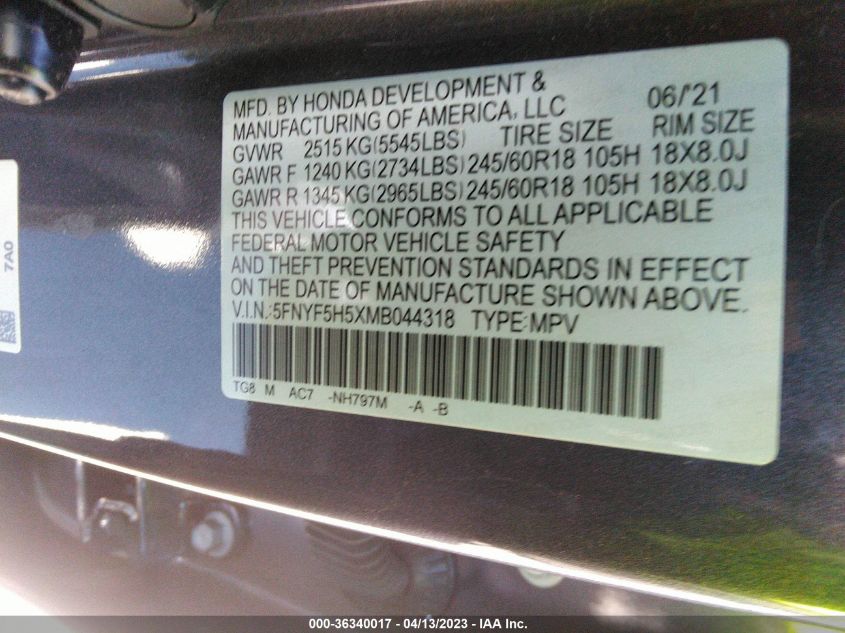 2021 HONDA PILOT EX-L - 5FNYF5H5XMB044318