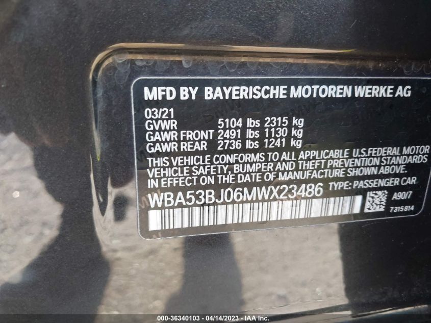 2021 BMW 5 SERIES 540I - WBA53BJ06MWX23486
