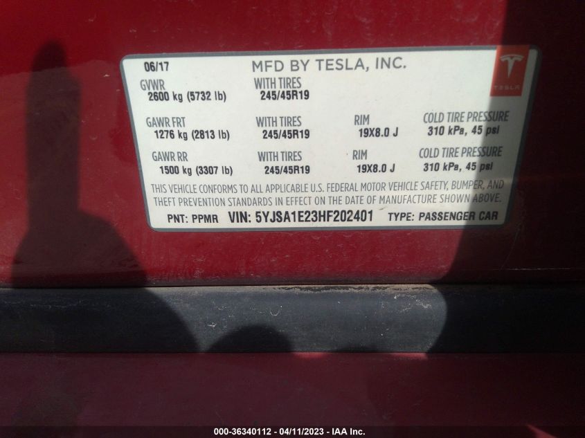 2017 TESLA MODEL S 100D/90D/75D/60D/P100D - 5YJSA1E23HF202401