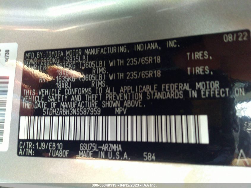 2022 TOYOTA HIGHLANDER XLE - 5TDHZRBH3NS587959