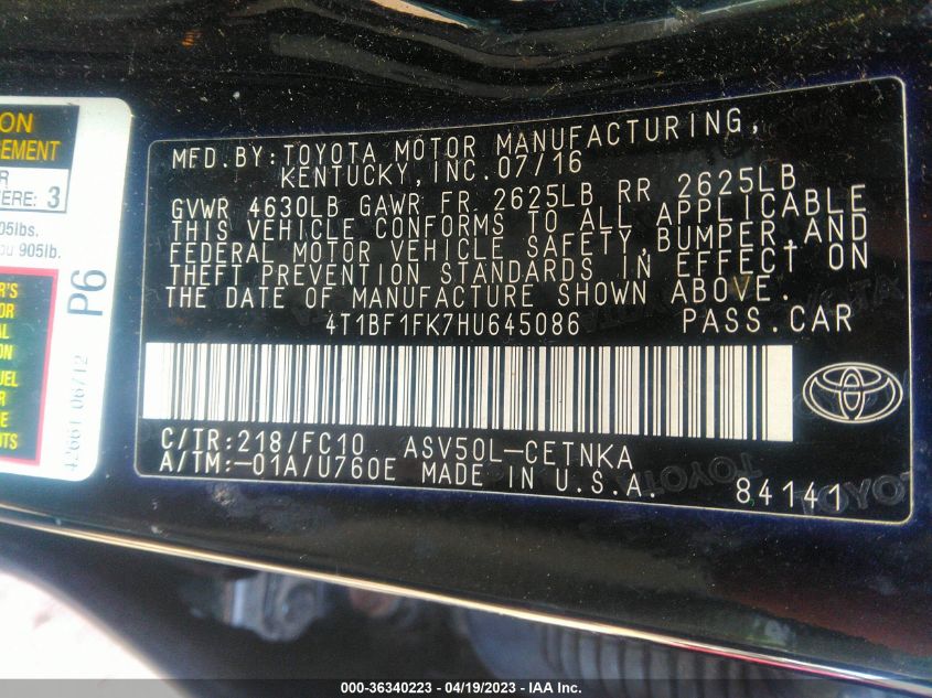 2017 TOYOTA CAMRY XLE/SE/LE/XSE - 4T1BF1FK7HU645086
