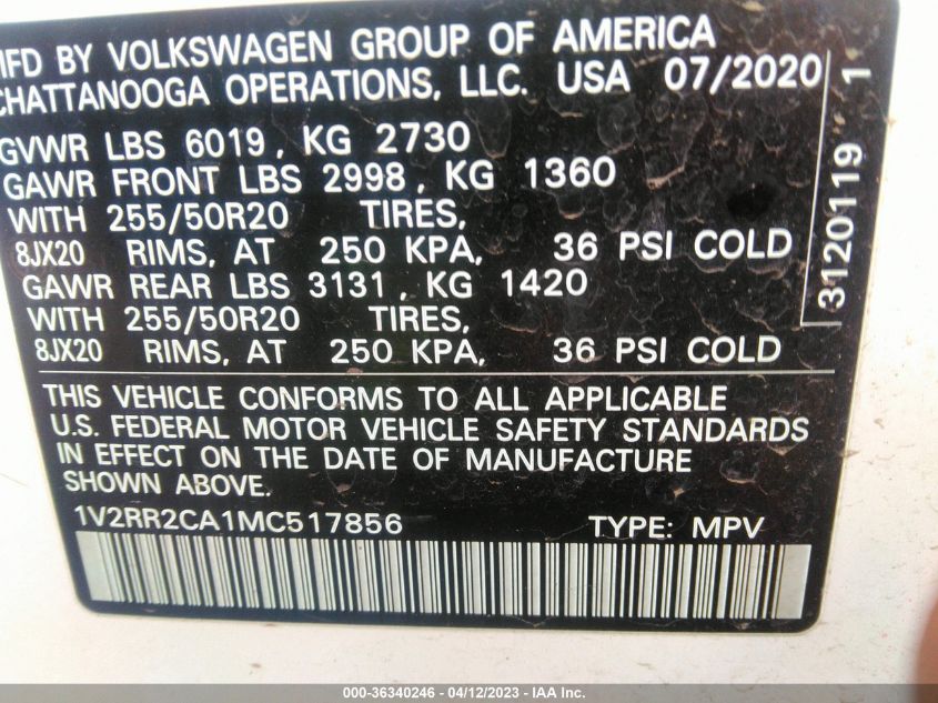 VIN 1V2RR2CA1MC517856 2021 VOLKSWAGEN ATLAS no.9