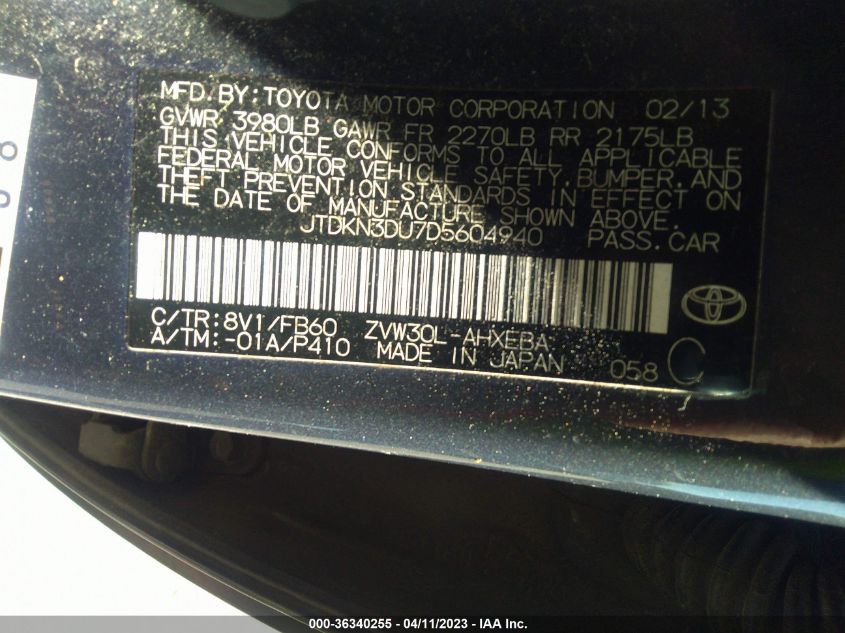 2013 TOYOTA PRIUS ONE/TWO/THREE/FOUR/FIVE - JTDKN3DU7D5604940