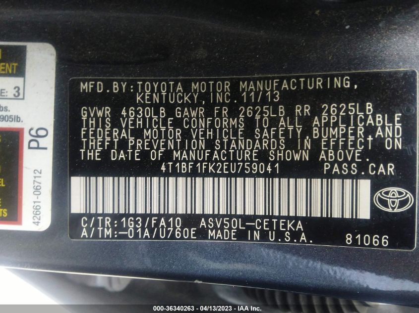 2014 TOYOTA CAMRY L/LE/XLE/SE/SE SPORT - 4T1BF1FK2EU759041