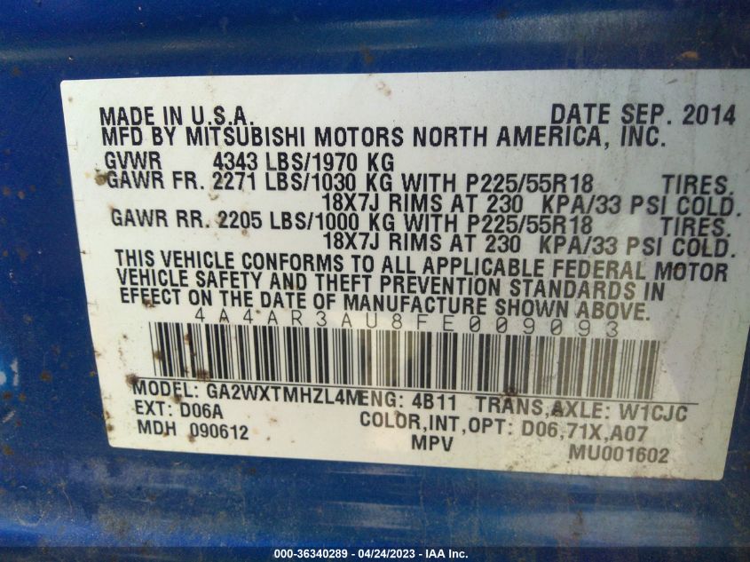 2015 MITSUBISHI OUTLANDER SPORT ES - 4A4AR3AU8FE009093