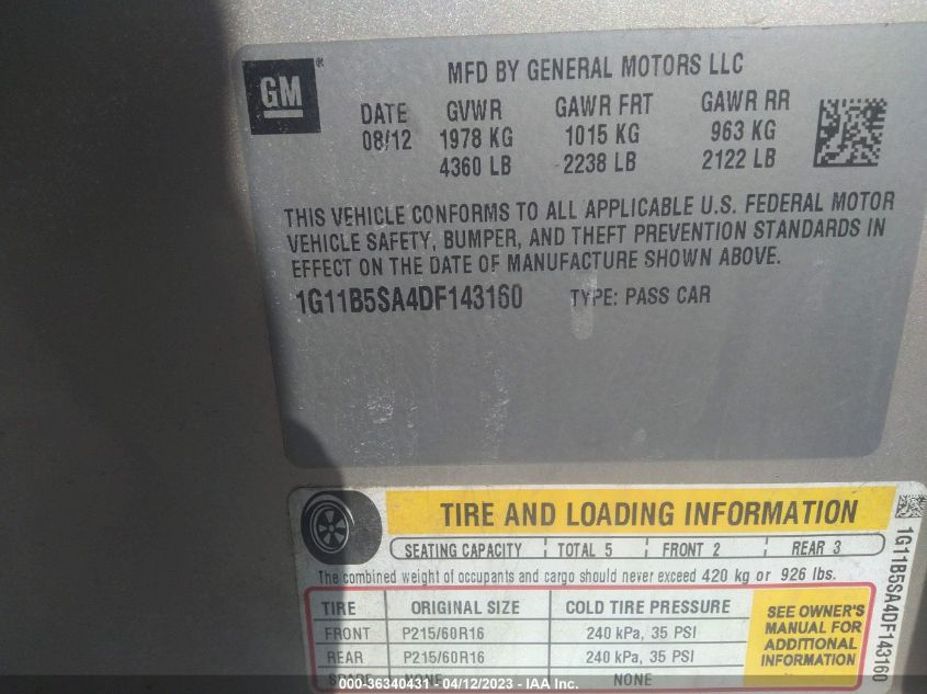 2013 CHEVROLET MALIBU LS - 1G11B5SA4DF143160