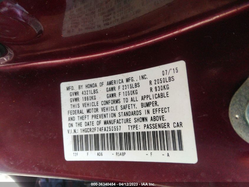 2015 HONDA ACCORD SEDAN EX - 1HGCR2F74FA250557