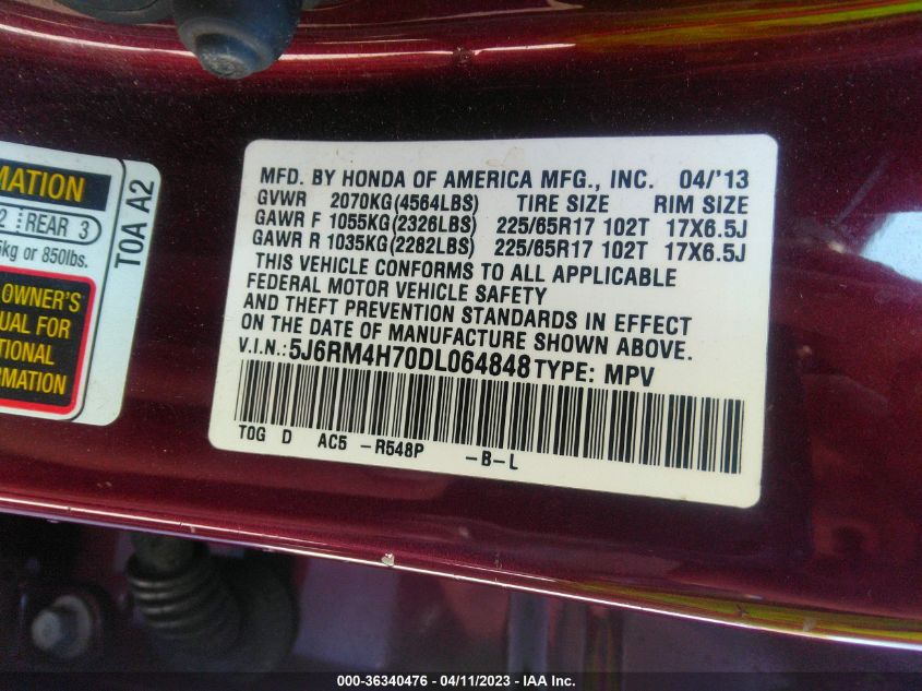 2013 HONDA CR-V EX-L - 5J6RM4H70DL064848
