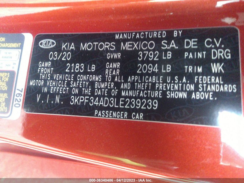 2020 KIA FORTE GT-LINE - 3KPF34AD3LE239239