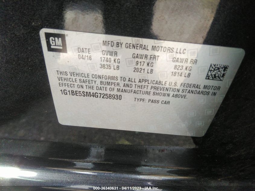 2016 CHEVROLET CRUZE LT - 1G1BE5SM4G7258930