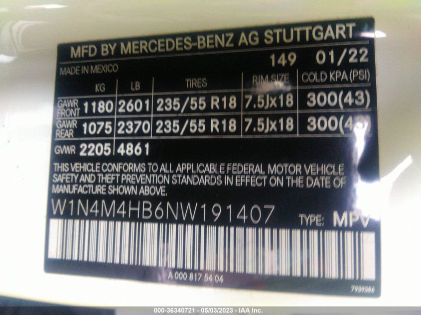 2022 MERCEDES-BENZ GLB GLB 250 W1N4M4HB6NW191407