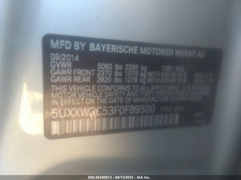 2015 BMW X4 XDRIVE28I 5UXXW3C53F0F89500