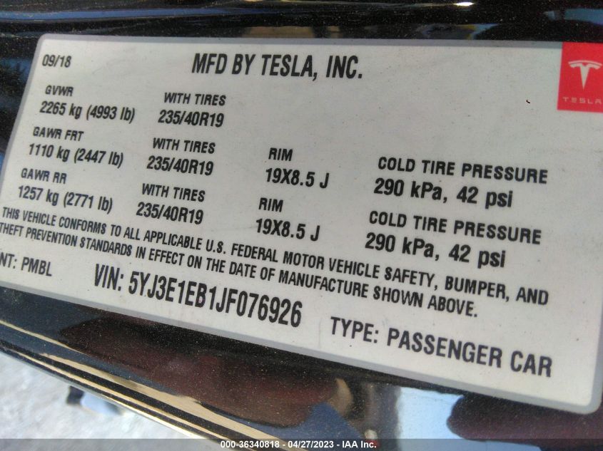 2018 TESLA MODEL 3 LONG RANGE - 5YJ3E1EB1JF076926
