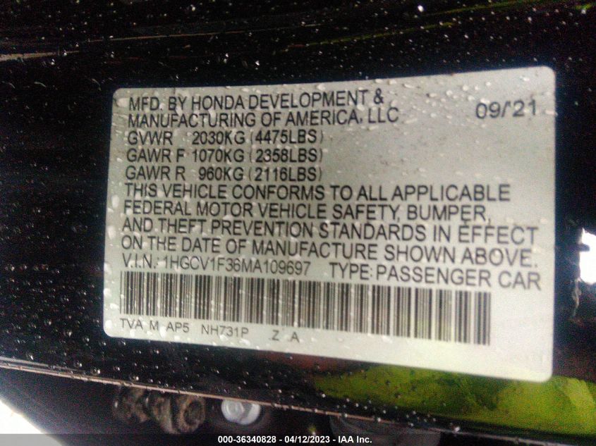 2021 HONDA ACCORD SEDAN SPORT - 1HGCV1F36MA109697