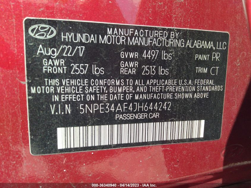 2018 HYUNDAI SONATA SPORT - 5NPE34AF4JH644242