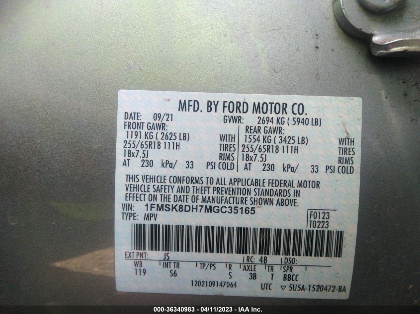 2021 FORD EXPLORER XLT - 1FMSK8DH7MGC35165