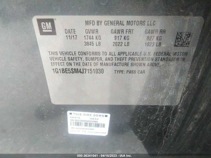 2018 CHEVROLET CRUZE LT - 1G1BE5SM4J7151030