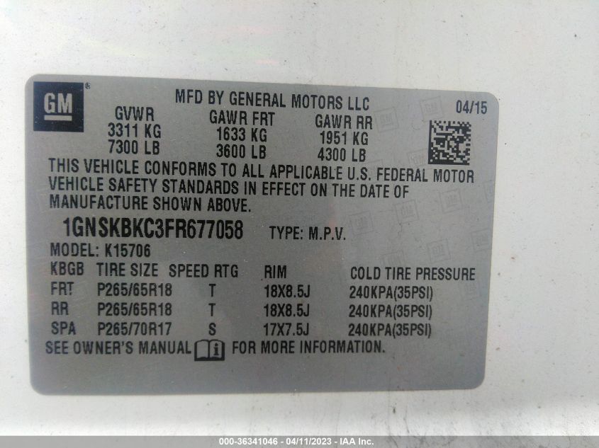 2015 CHEVROLET TAHOE LT - 1GNSKBKC3FR677058