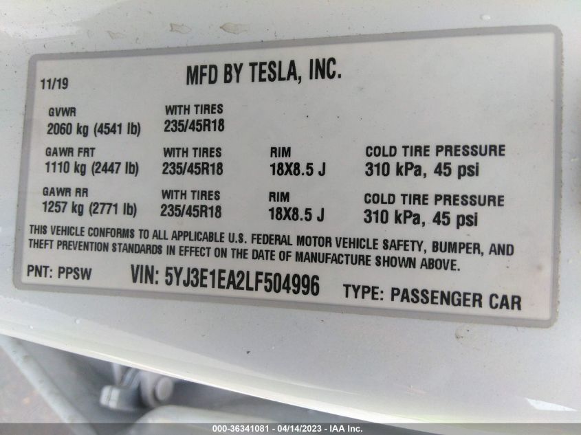 2020 TESLA MODEL 3 STANDARD RANGE - 5YJ3E1EA2LF504996