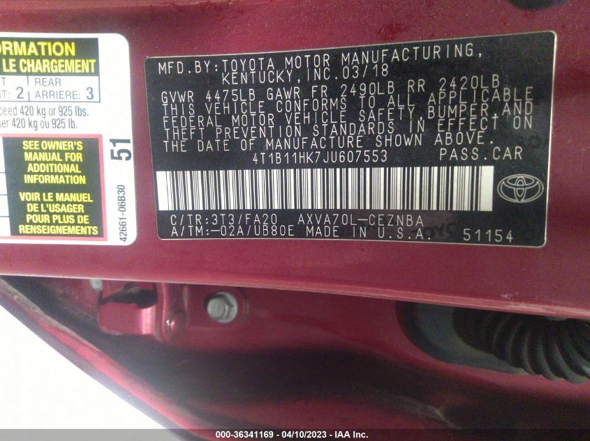 2018 TOYOTA CAMRY LE 4T1B11HK7JU607553