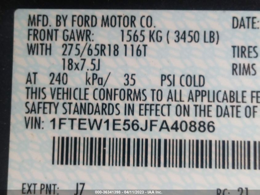 2018 FORD F-150 XL/XLT/LARIAT - 1FTEW1E56JFA40886