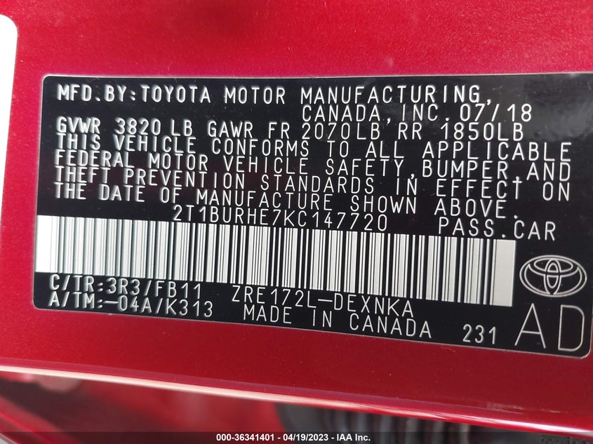 VIN 2T1BURHE7KC147720 2019 TOYOTA COROLLA L/LE/SE/XLE/XSE