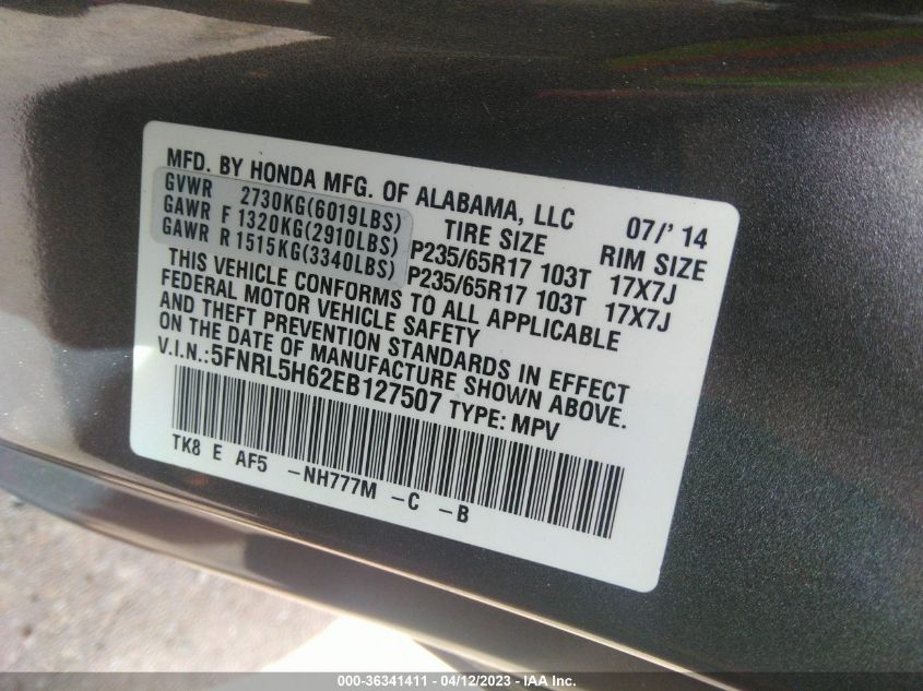 5FNRL5H62EB127507 2014 HONDA ODYSSEY, photo no. 9