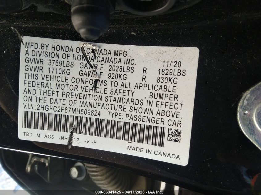2021 HONDA CIVIC SEDAN SPORT - 2HGFC2F87MH509824