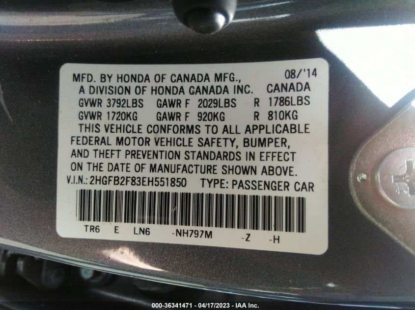 2014 HONDA CIVIC SEDAN EX - 2HGFB2F83EH551850